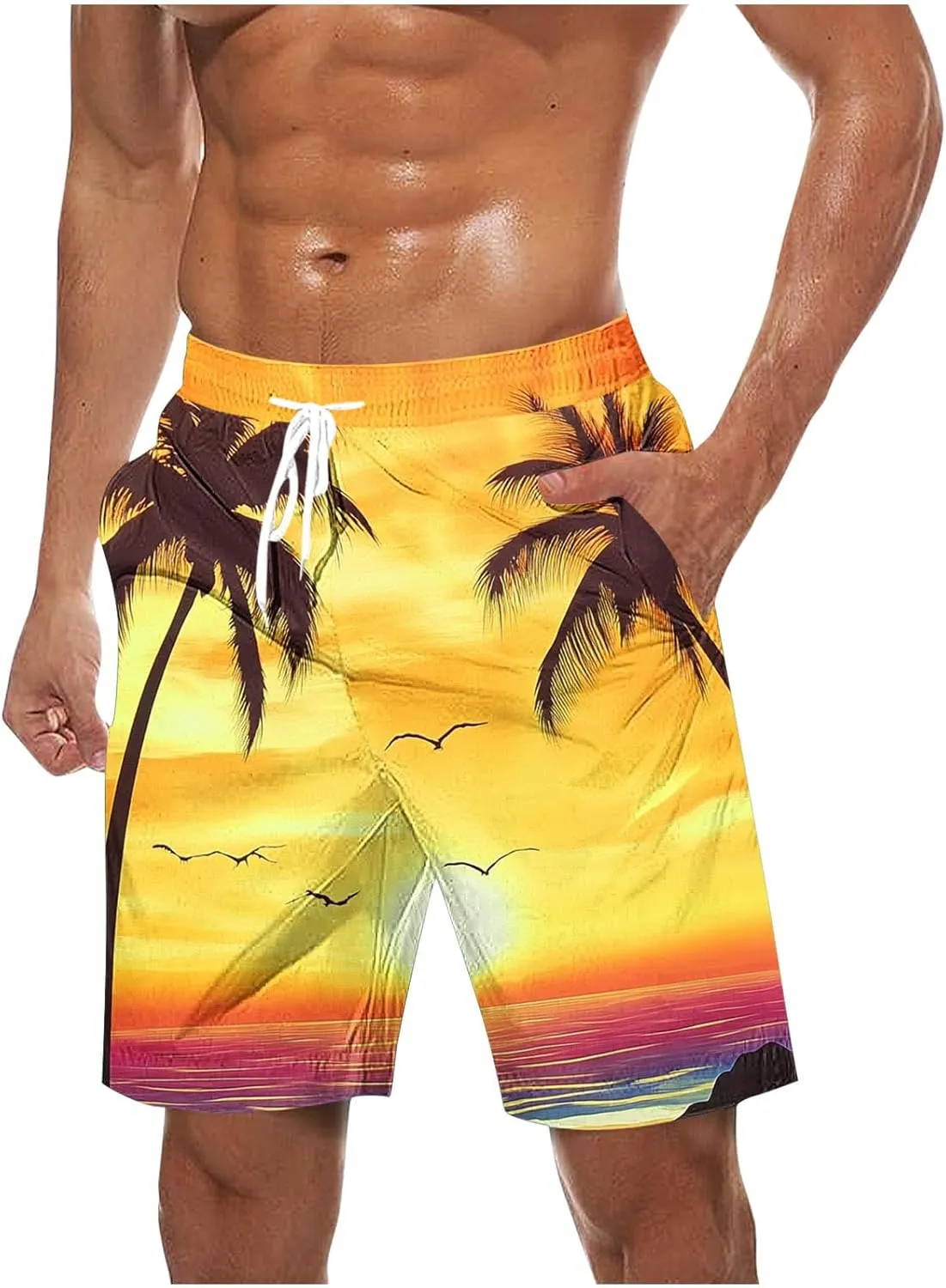 Mens Shorts Casual Cotton Linen Shorts Hawaiian Elastic Waist Short Pants Drawstring Lightweight Short Summer Shorts