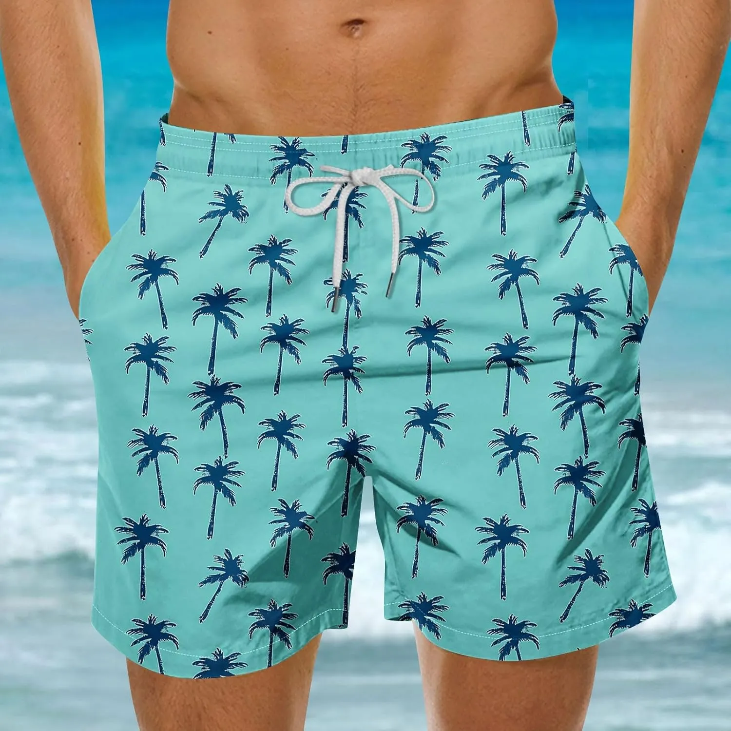 Mens Shorts Swim Trunks Mid Length Mesh Lining Beach Board Shorts with Pockets Summer Casual Elastic Waist Shorts