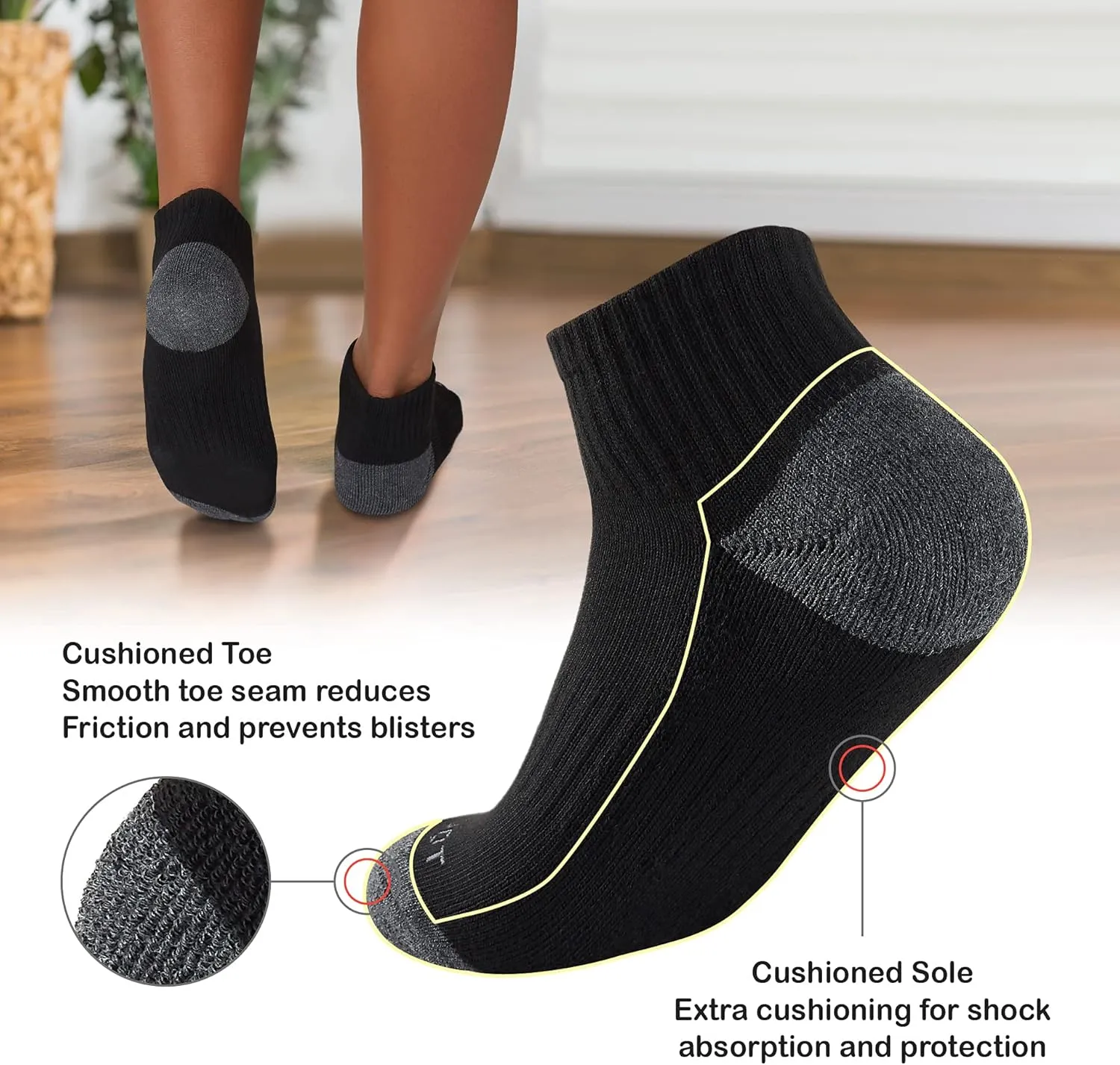 MONFOOT Men's/Women's 6 Pairs Daily Cushion Comfort Fit Performance Quarter Socks Multipack