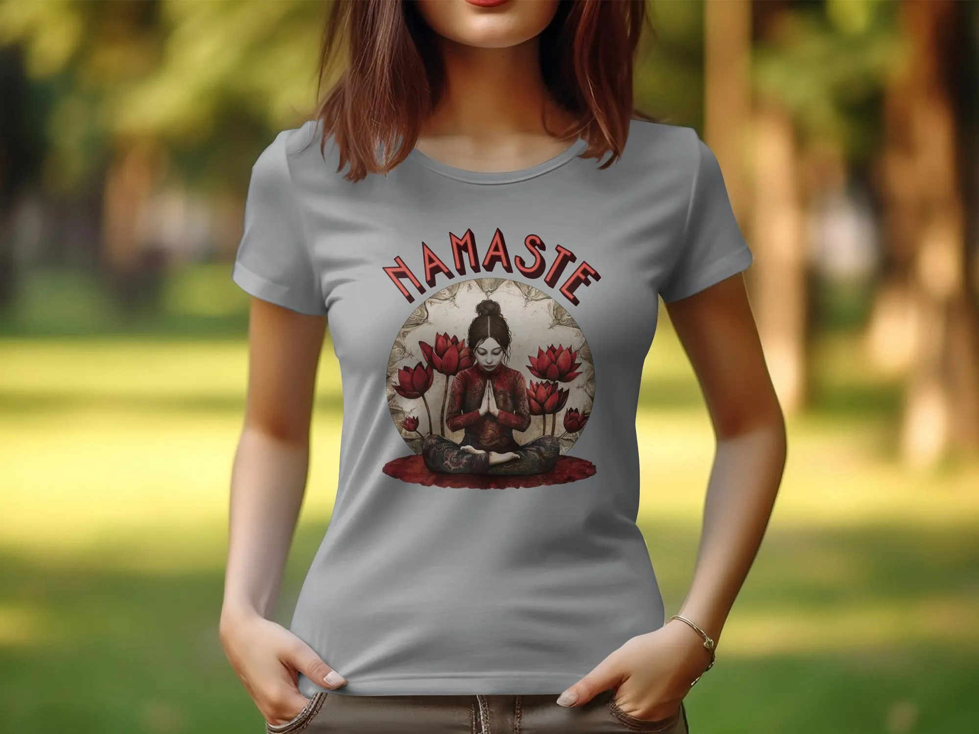 Namaste Yoga Design T Shirt for Women, Zen Tee with Lotus Flower Artwork, Meditative Pose T Shirt, Mindfulness Womens Tee #13