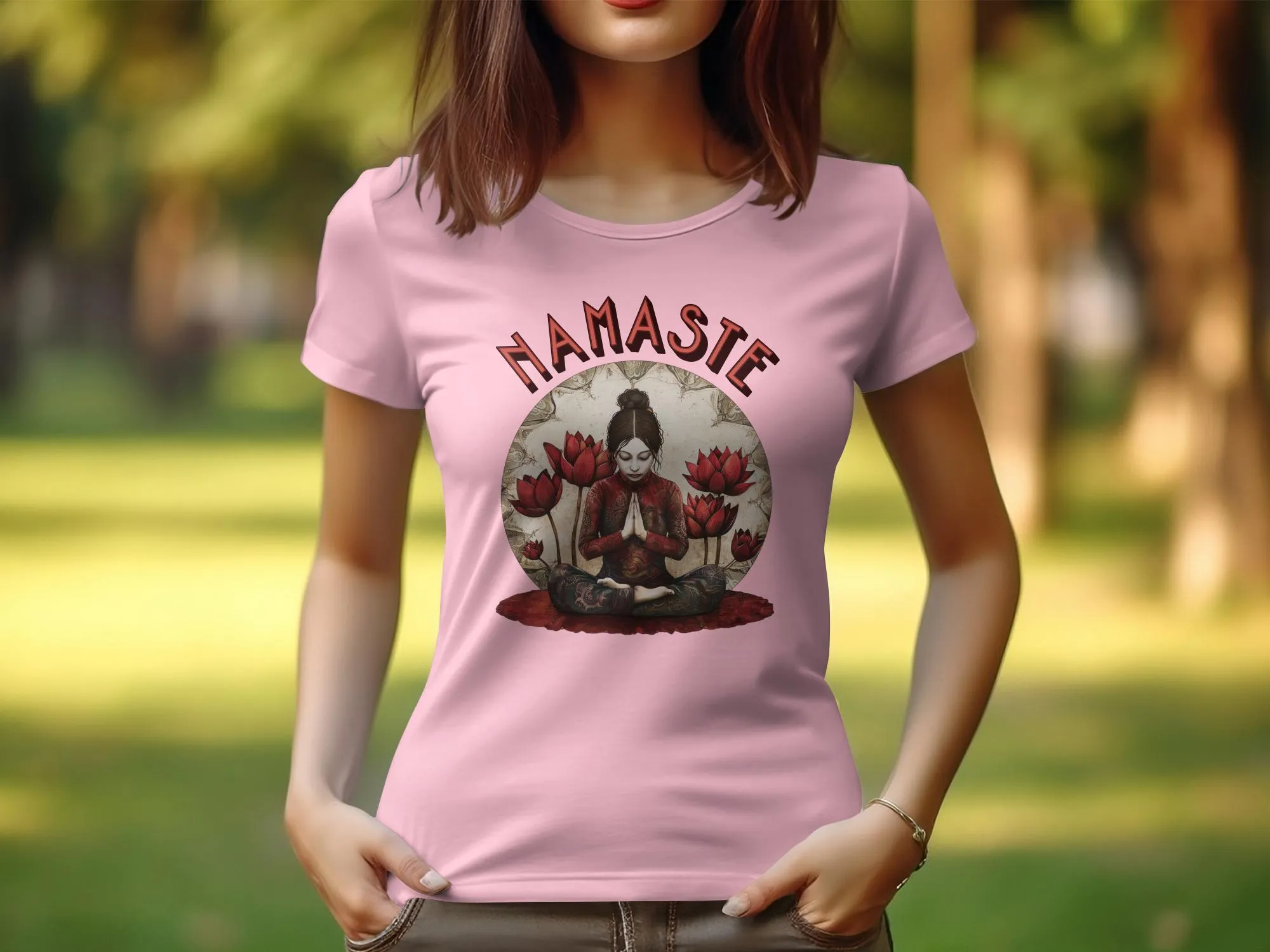 Namaste Yoga Design T Shirt for Women, Zen Tee with Lotus Flower Artwork, Meditative Pose T Shirt, Mindfulness Womens Tee #13