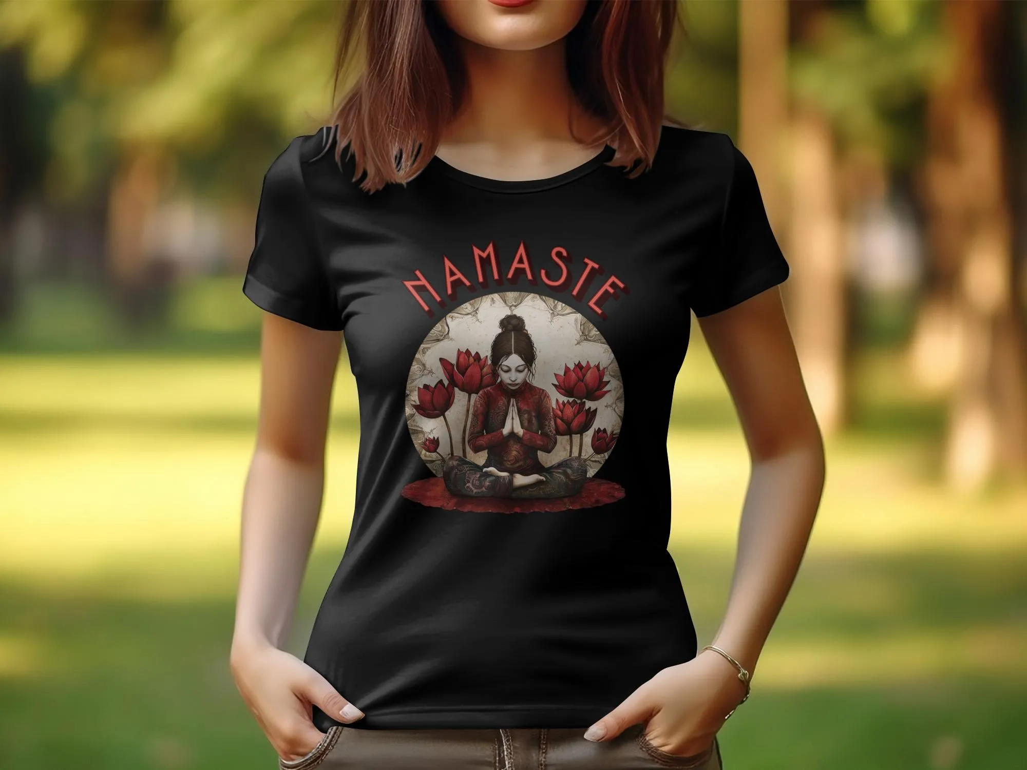Namaste Yoga Design T Shirt for Women, Zen Tee with Lotus Flower Artwork, Meditative Pose T Shirt, Mindfulness Womens Tee #13