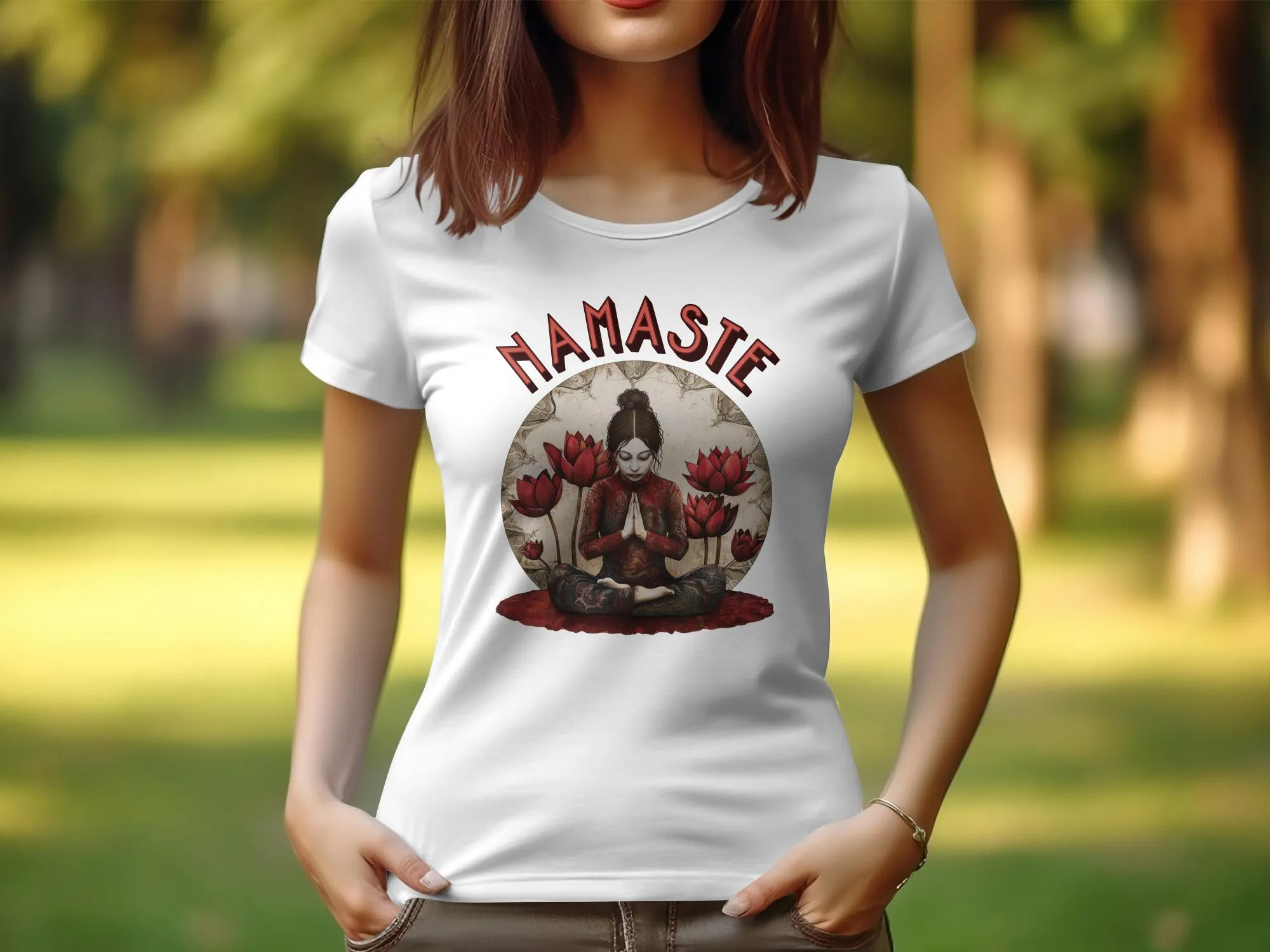 Namaste Yoga Design T Shirt for Women, Zen Tee with Lotus Flower Artwork, Meditative Pose T Shirt, Mindfulness Womens Tee #13