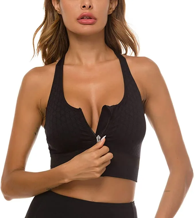New Abilly Women's Zip Front Sports Bra Comfortable Racerback Workout Yoga Bra with Removable Pads, black, Sz XL