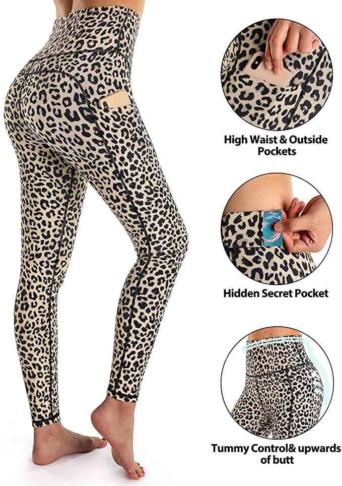New OUGES Ultra soft Running Workout Leggings for Women High Waisted Yoga Pants with Pockets, Leopard, Sz S!