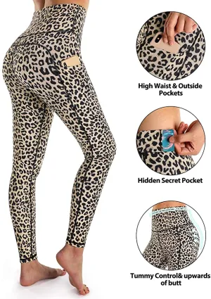 New OUGES Ultra soft Running Workout Leggings for Women High Waisted Yoga Pants with Pockets, Leopard, Sz S!