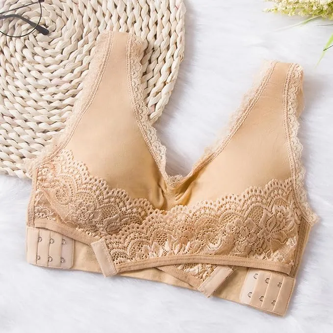 New Women Comfort Wireless Lace Lift Bra Classic Front Cross Side Buckle Yoga Sports Lace Bra, Beige, Sz 3X, Fits like 1X