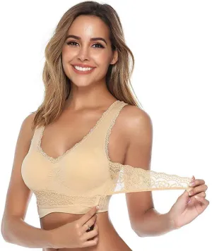 New Women Comfort Wireless Lace Lift Bra Classic Front Cross Side Buckle Yoga Sports Lace Bra, Beige, Sz 3X, Fits like 1X