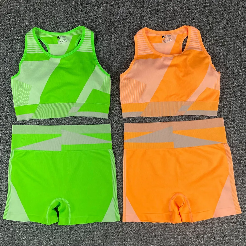 NEW Women Yoga Set Sport Bra and Shorts fluorescent