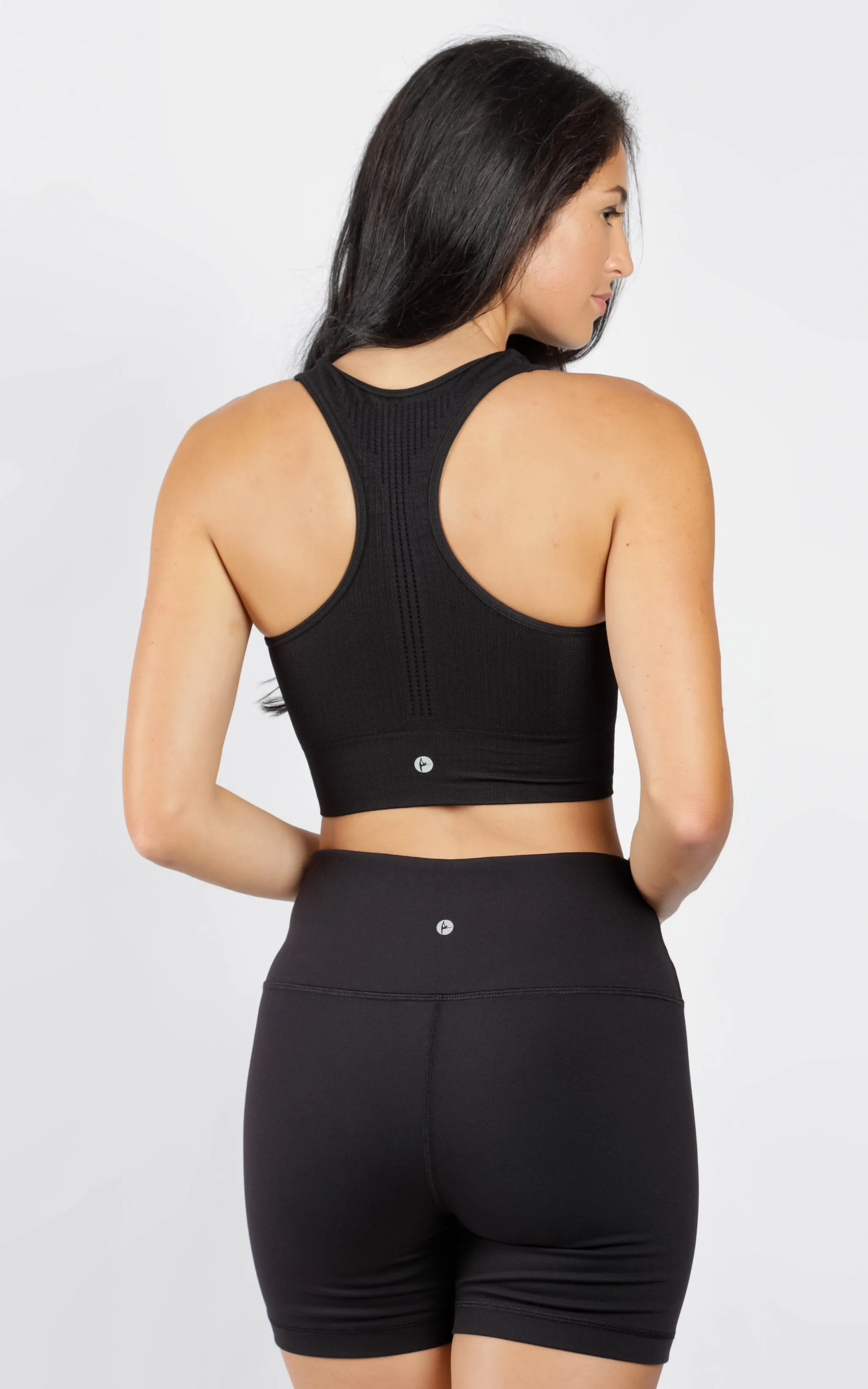 New Women's RIBBED SEAMLESS RACERBACK SPORTS BRA With Removable Cups by 90 Degree by Reflex, Black, Sz M