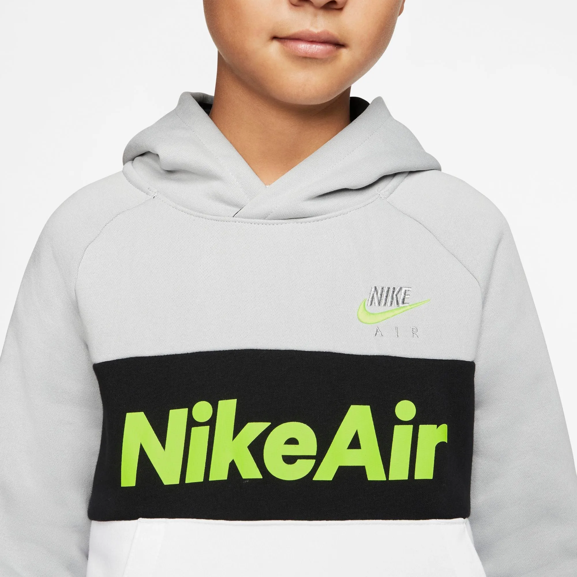 Nike Kids Air Pullover Fleece Hoodie - Light Smoke Grey/White/Black/Volt