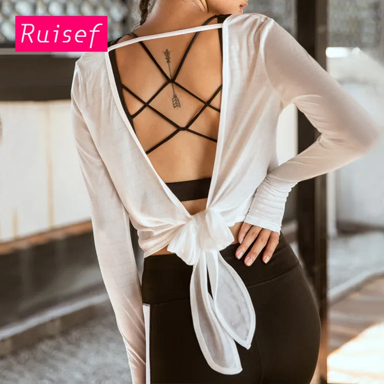 Open back knot long sleeve women's running fitness suit T-shirt back Yoga Top