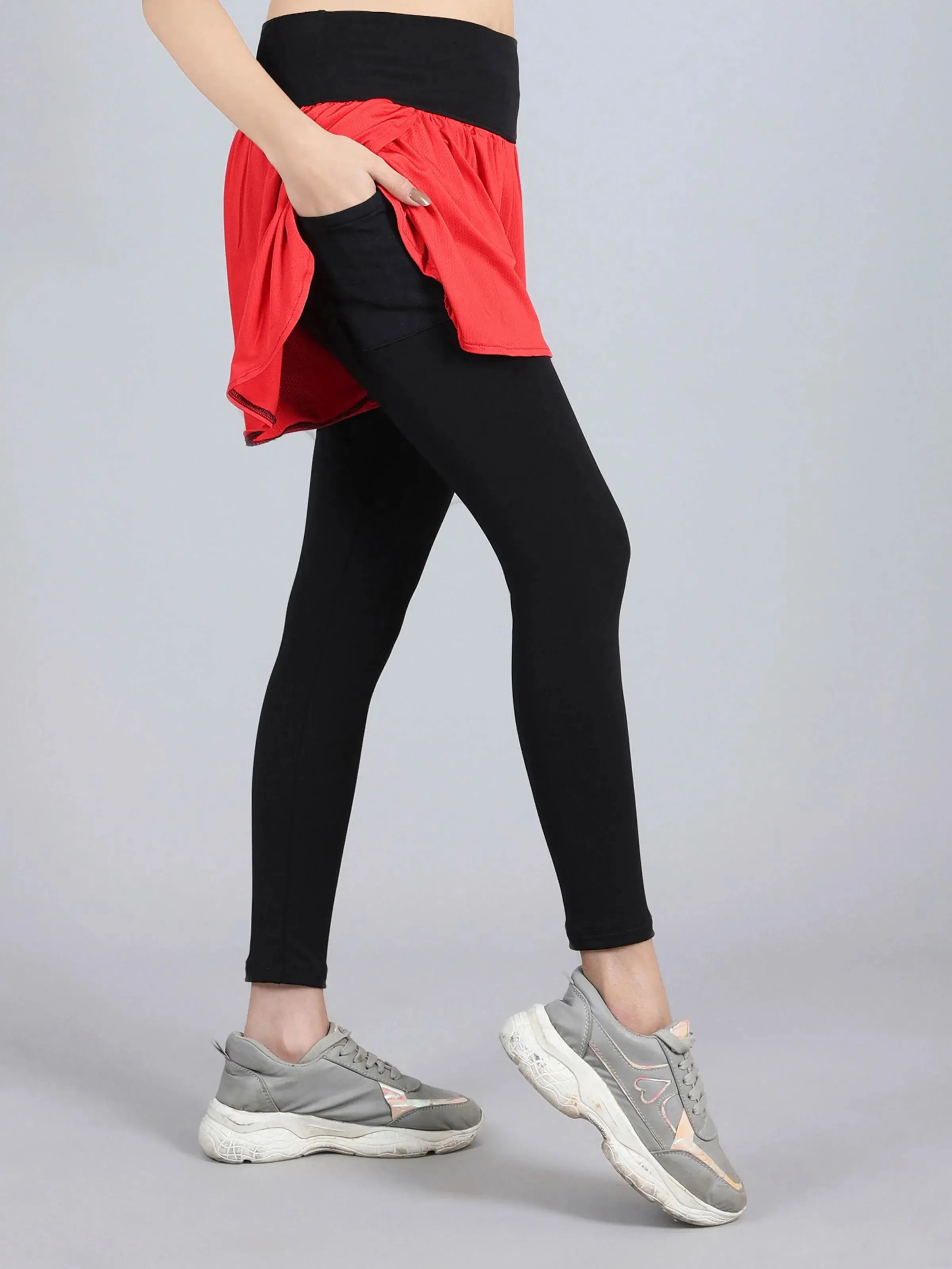 Overlapping Shorts with Red Leggings and Side Pocket