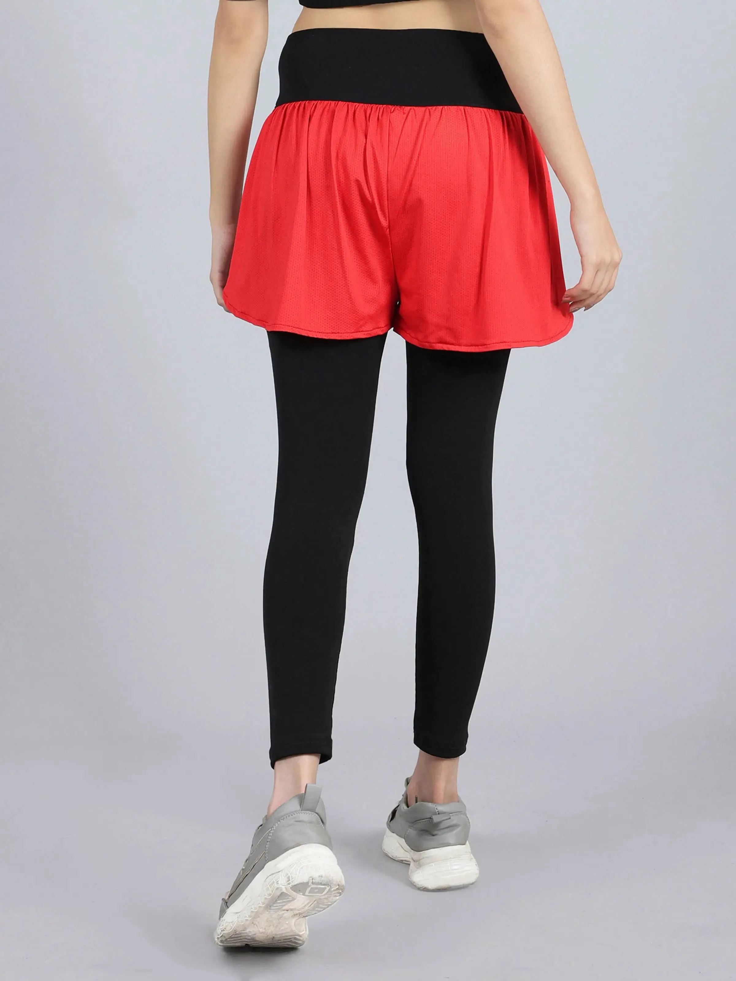 Overlapping Shorts with Red Leggings and Side Pocket
