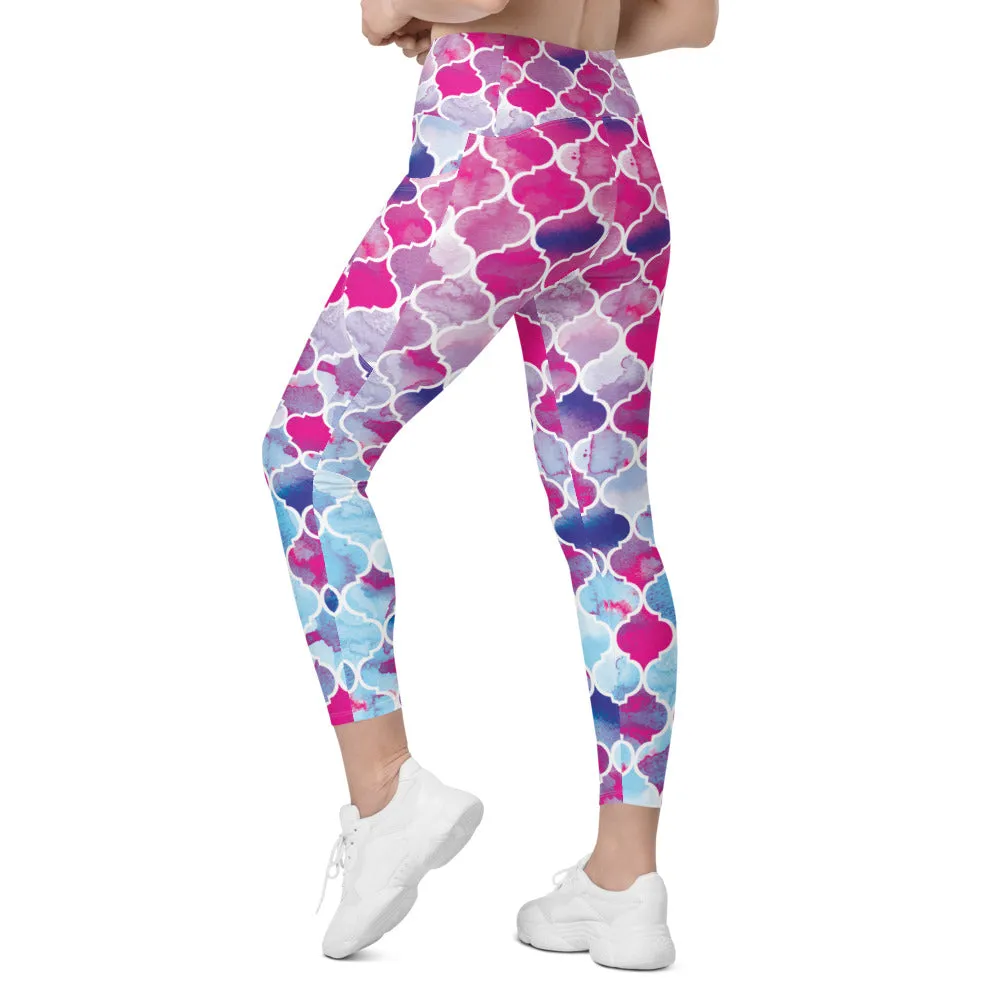 Pink & Blue Arabic Pattern Leggings with Pockets
