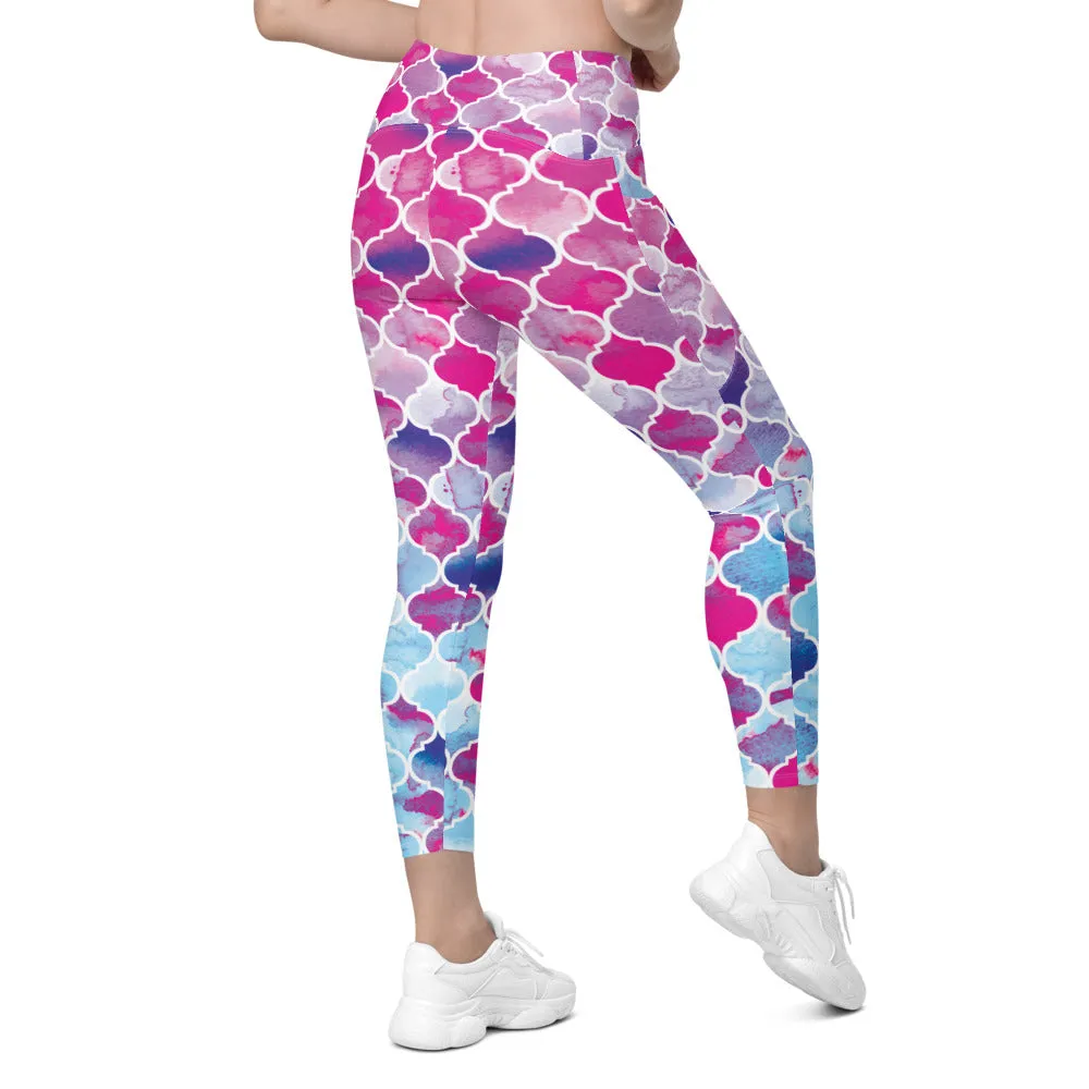 Pink & Blue Arabic Pattern Leggings with Pockets