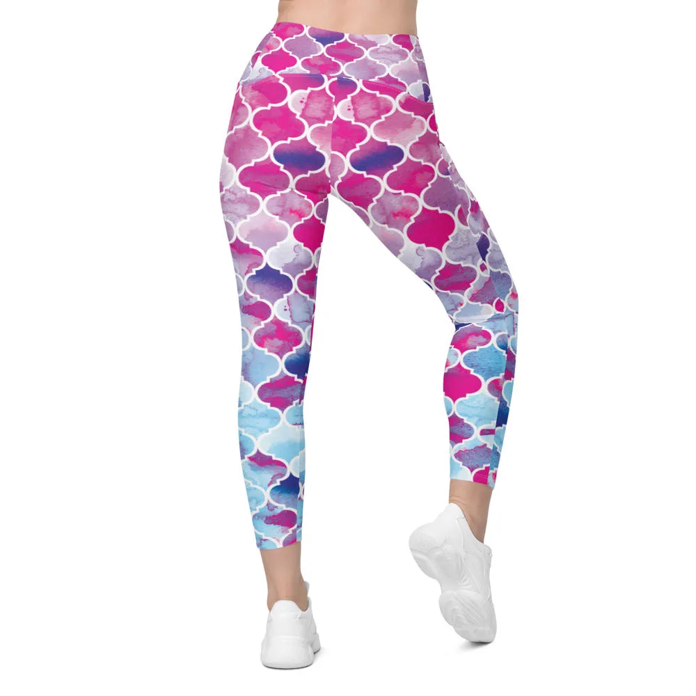 Pink & Blue Arabic Pattern Leggings with Pockets