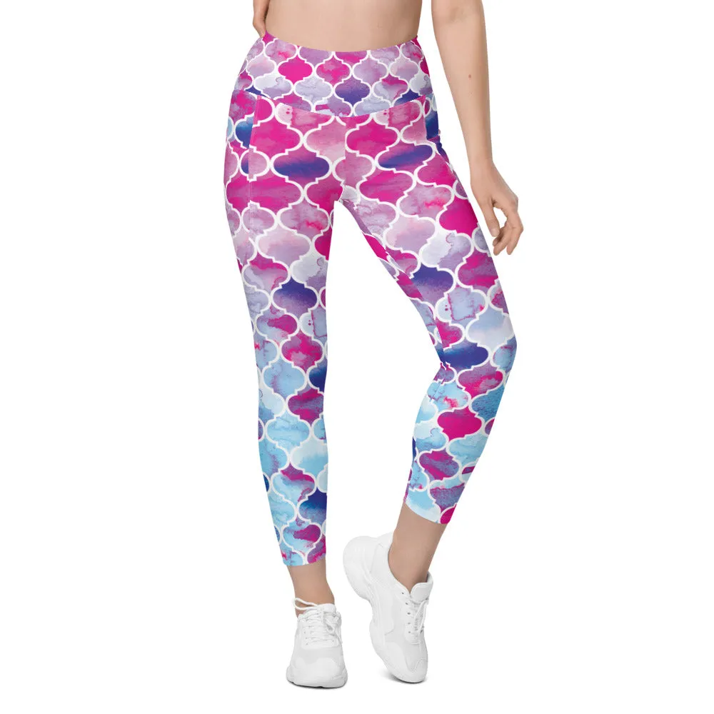 Pink & Blue Arabic Pattern Leggings with Pockets
