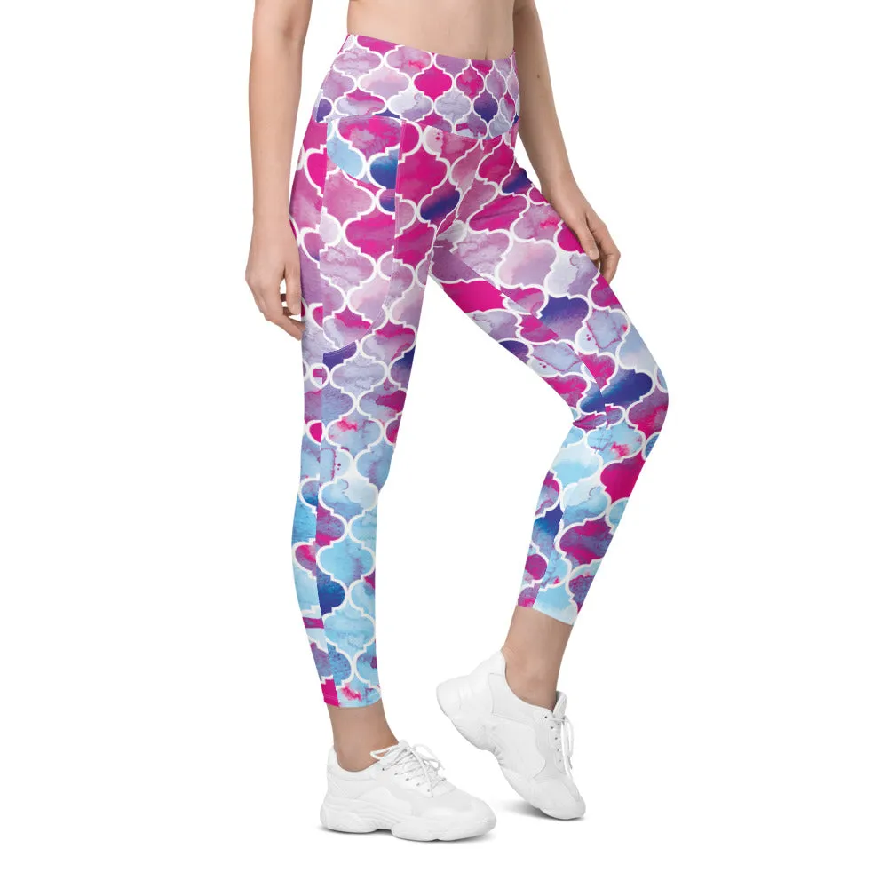 Pink & Blue Arabic Pattern Leggings with Pockets