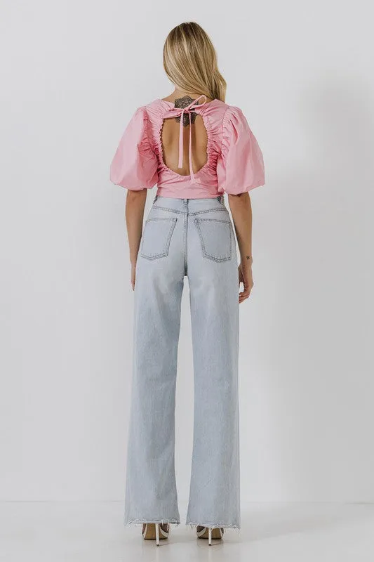 Pink Liv Big Scrunchie Open Back Tied Top with Puff Sleeves