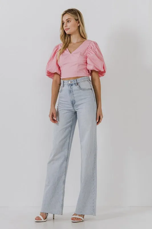 Pink Liv Big Scrunchie Open Back Tied Top with Puff Sleeves