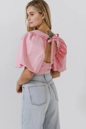 Pink Liv Big Scrunchie Open Back Tied Top with Puff Sleeves