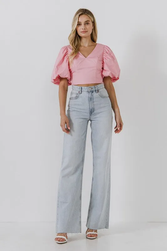 Pink Liv Big Scrunchie Open Back Tied Top with Puff Sleeves
