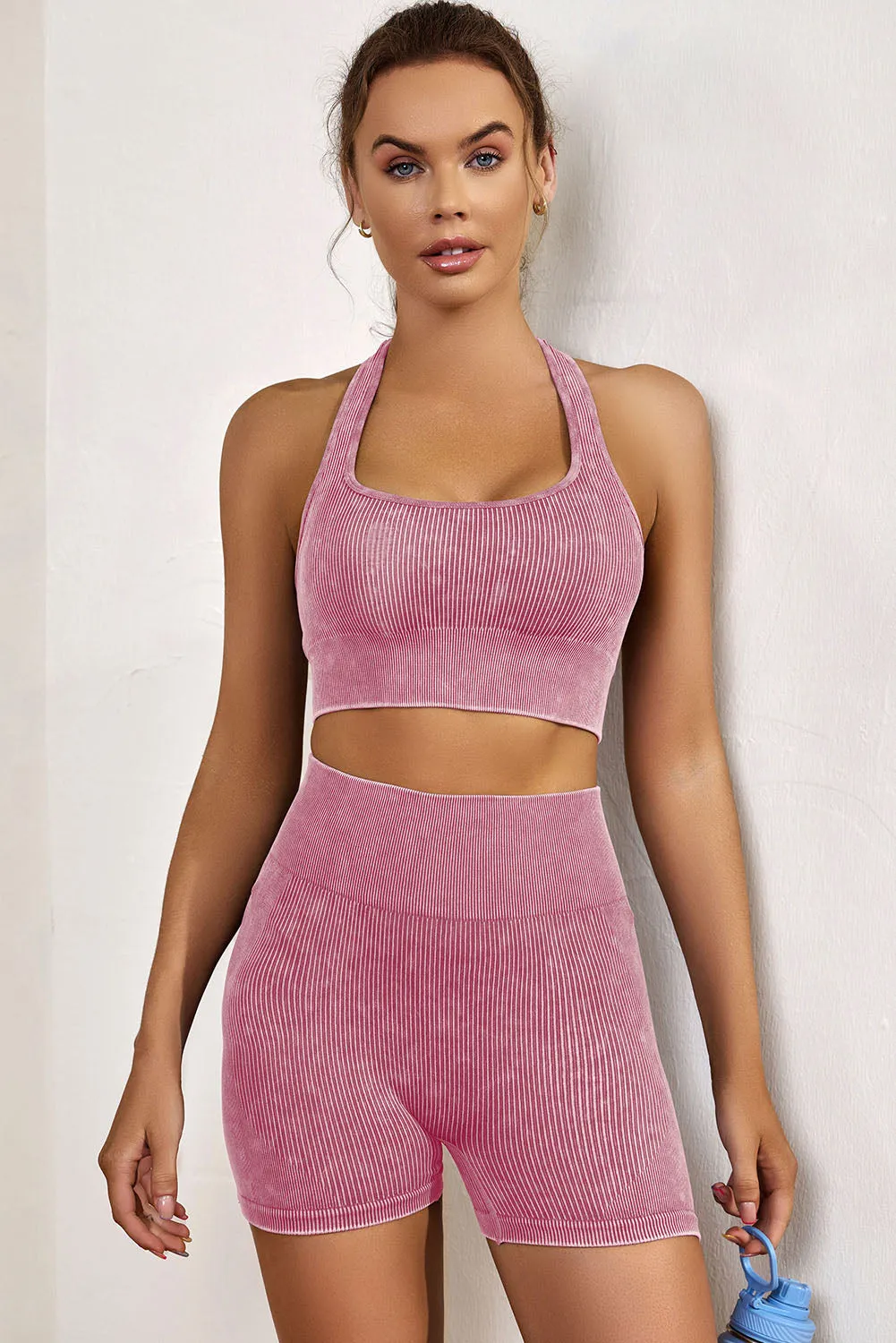 Pink Seamless Ribbed Knit Butt Lifter Yoga Shorts