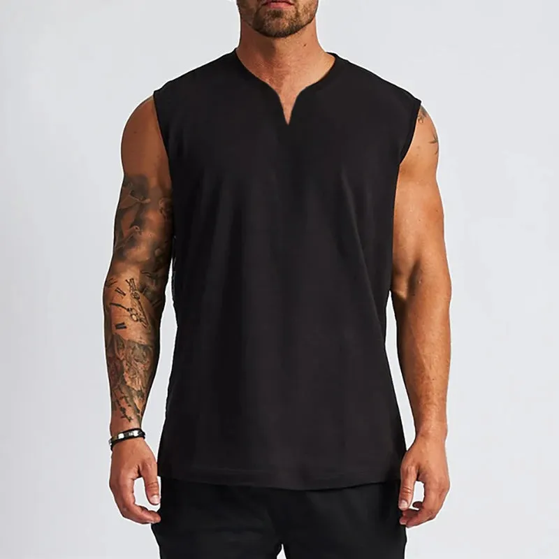 Plain Cotton V-neck Fitness Tank Top Men Summer