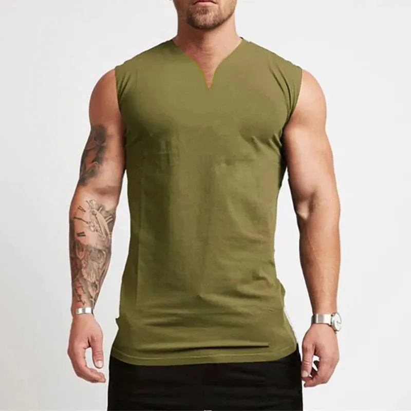 Plain Cotton V-neck Fitness Tank Top Men Summer