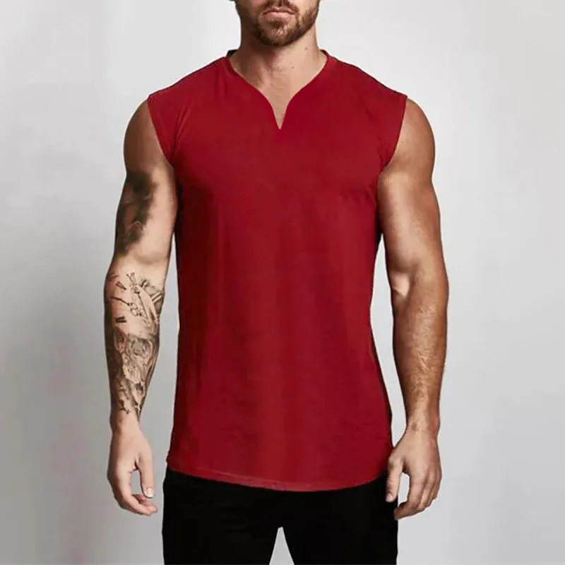 Plain Cotton V-neck Fitness Tank Top Men Summer
