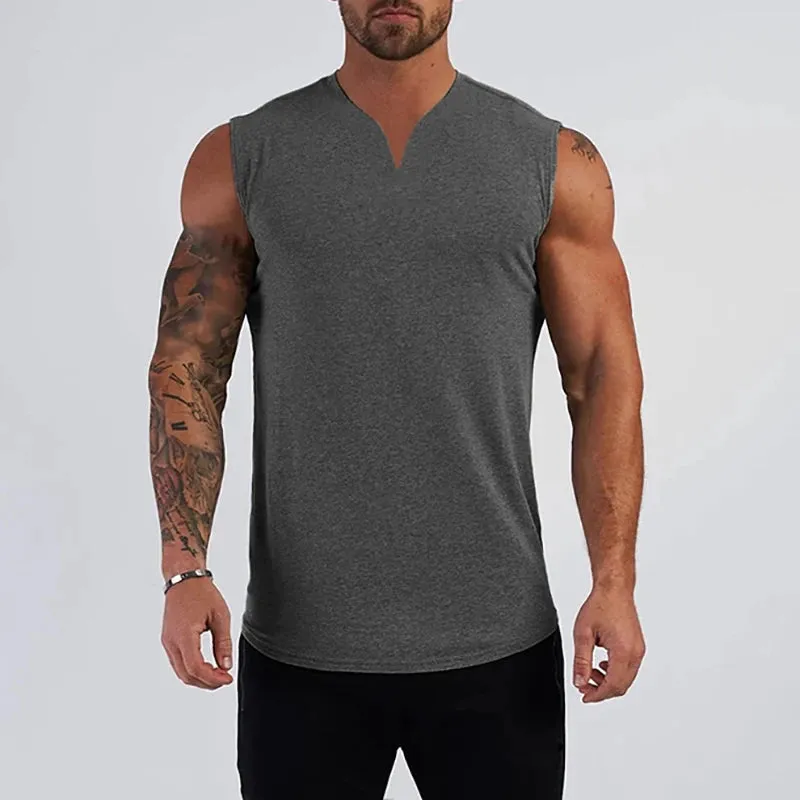 Plain Cotton V-neck Fitness Tank Top Men Summer