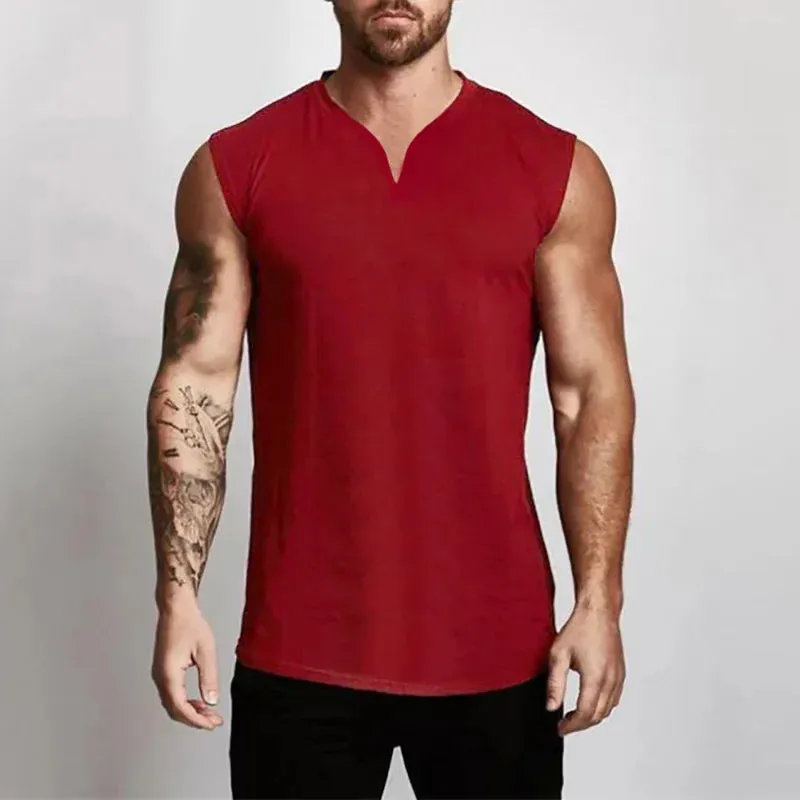 Plain Cotton V-neck Fitness Tank Top Men Summer