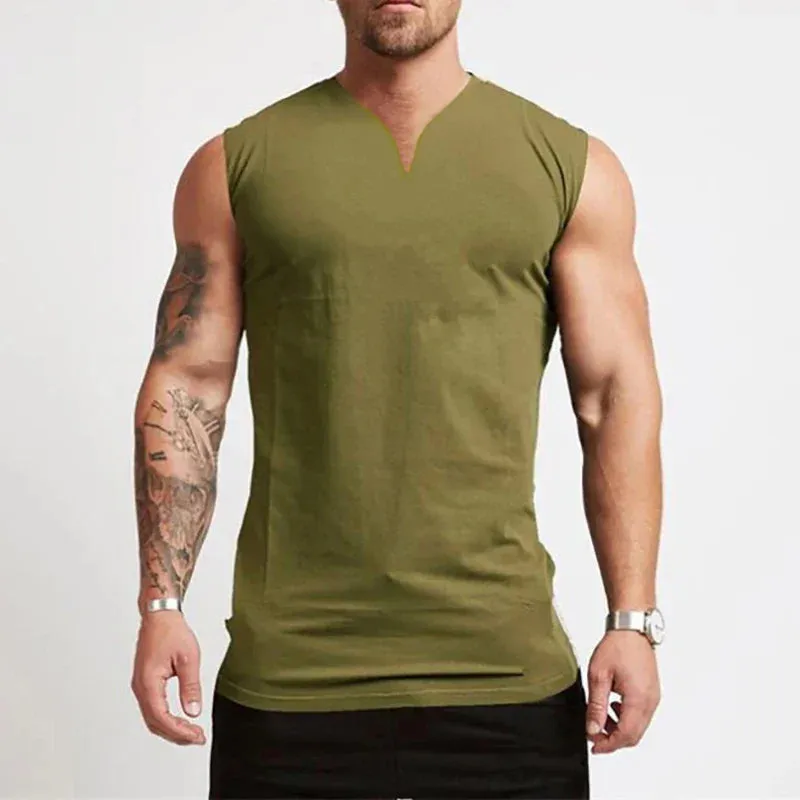 Plain Cotton V-neck Fitness Tank Top Men Summer