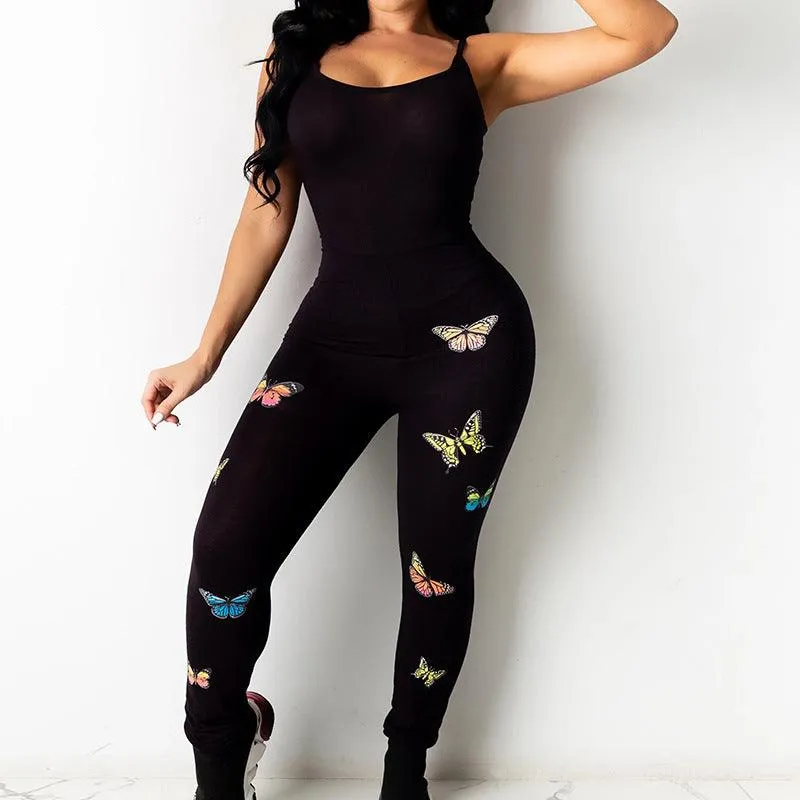 Printed Butterfly Pattern Yoga Sexy Hip-Lifting Sling Jumpsuit