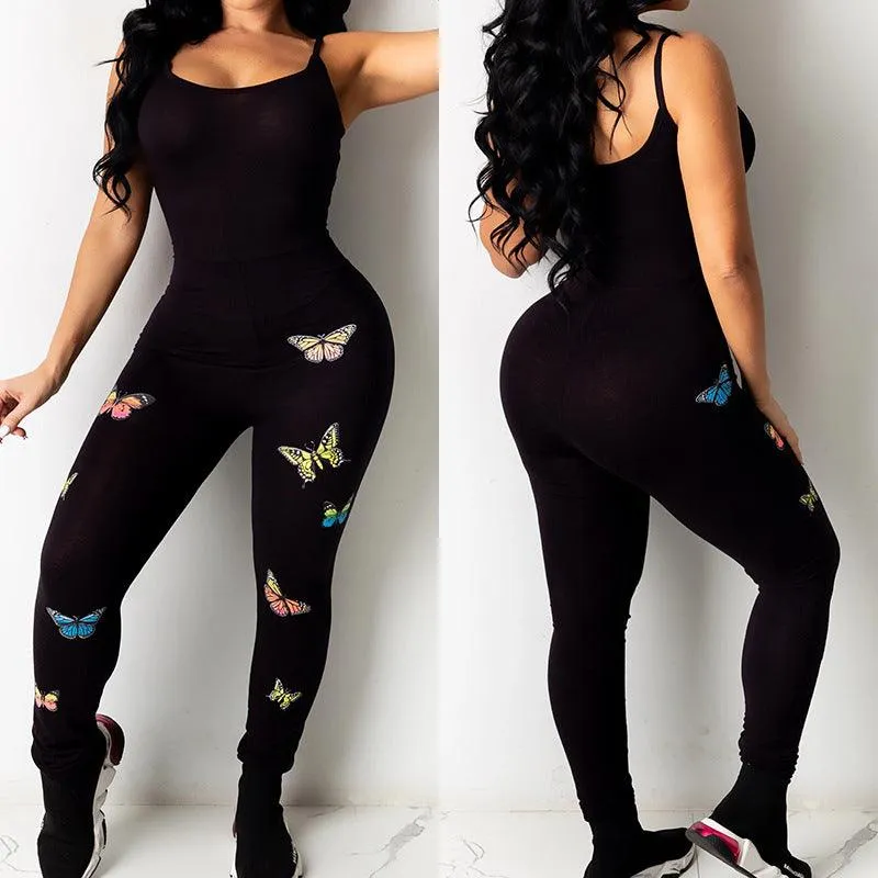 Printed Butterfly Pattern Yoga Sexy Hip-Lifting Sling Jumpsuit
