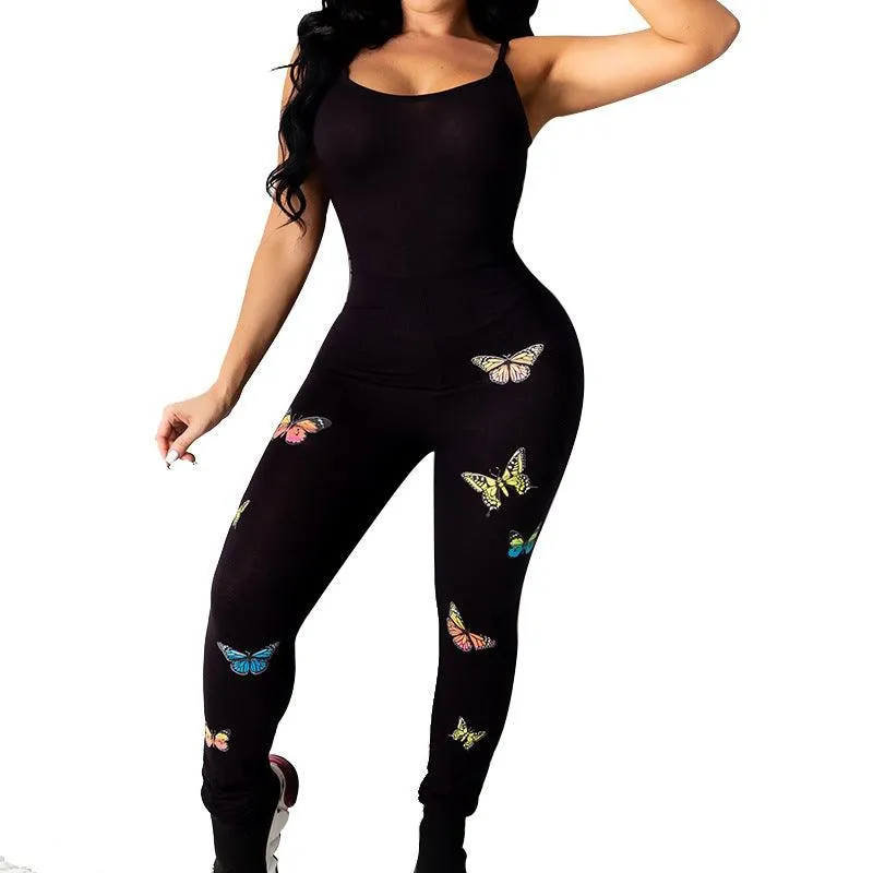 Printed Butterfly Pattern Yoga Sexy Hip-Lifting Sling Jumpsuit