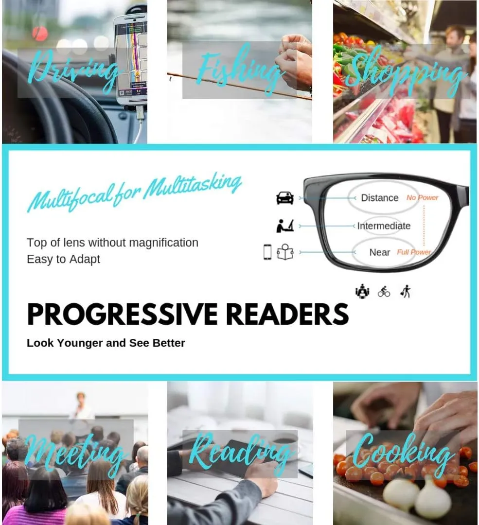 ProEyes Attitude 2, Progressive Blue Light Blocking Readers, 0 Strength on Top Lens, Lightweight, Flexible, Durable