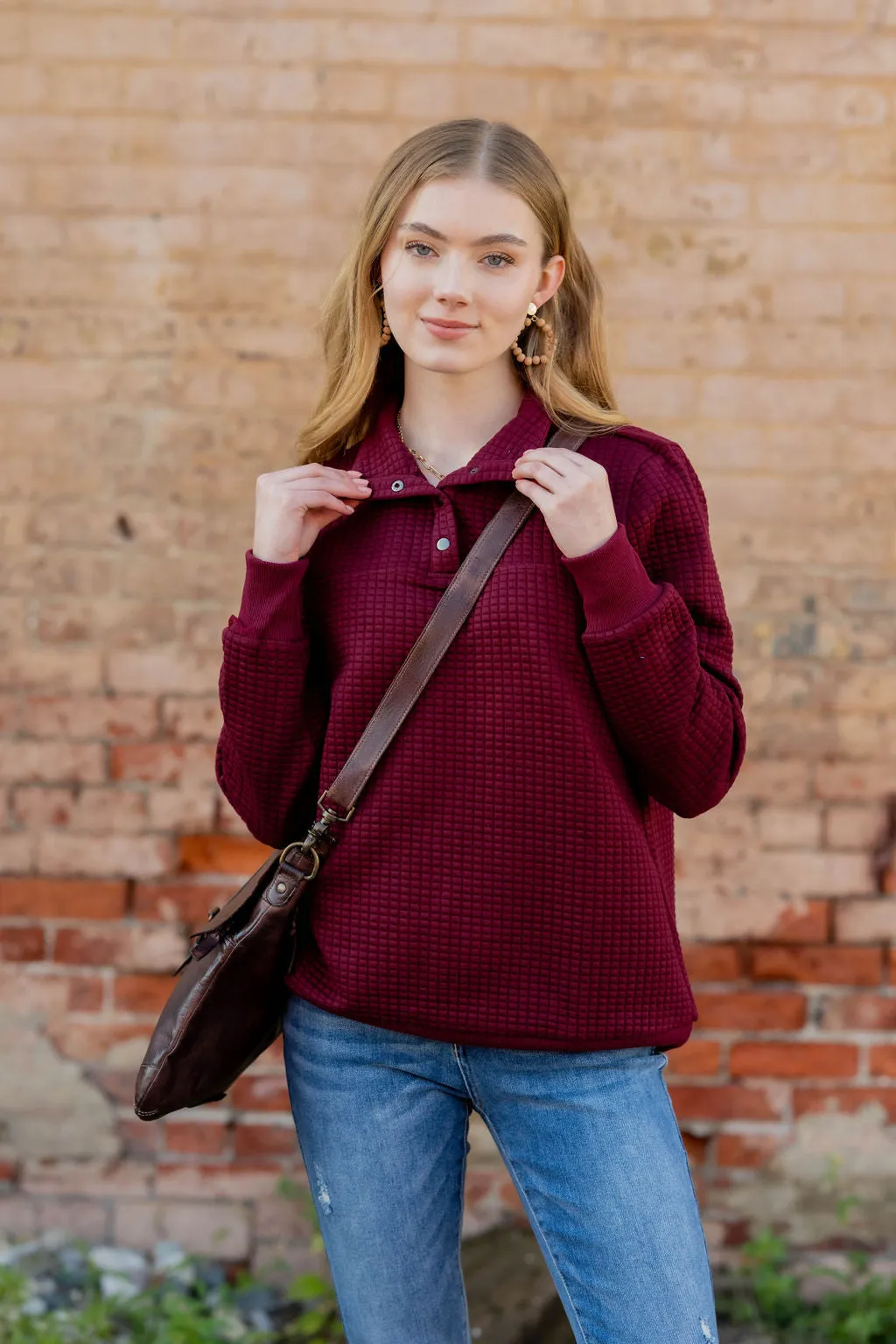 Quilted Button Accent Pullover