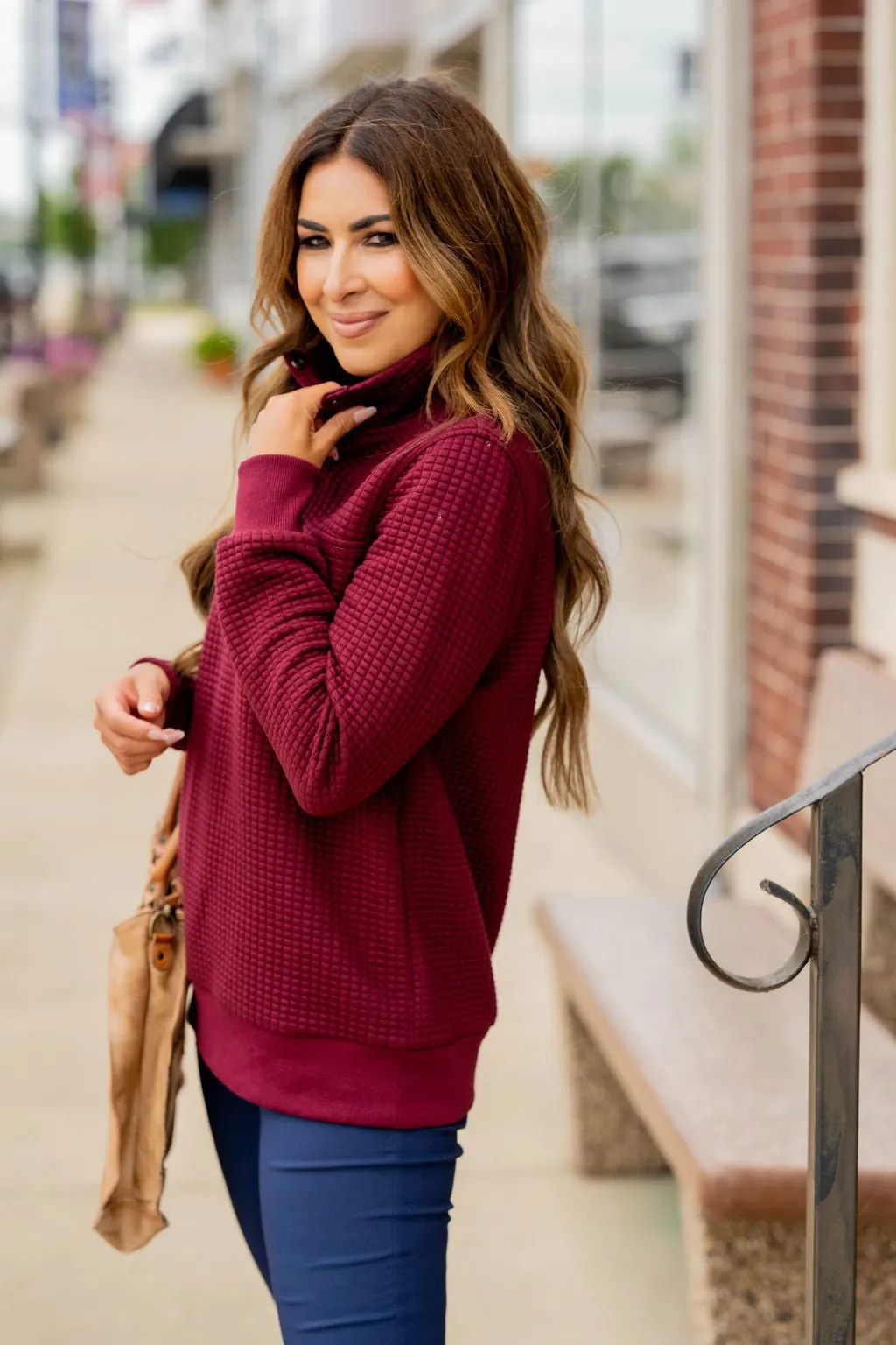 Quilted Button Accent Pullover
