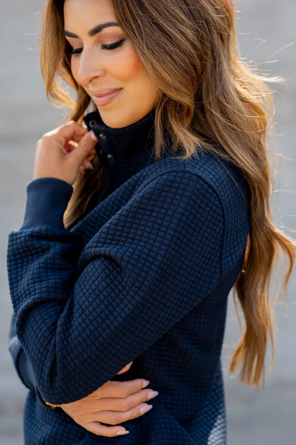 Quilted Button Accent Pullover