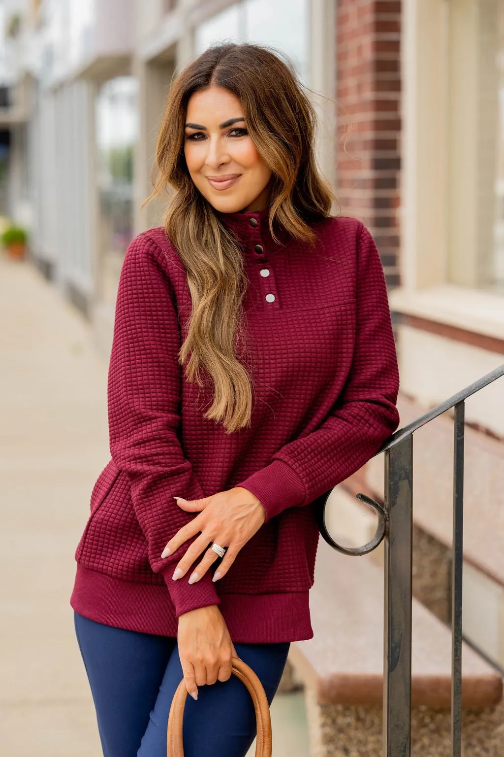Quilted Button Accent Pullover