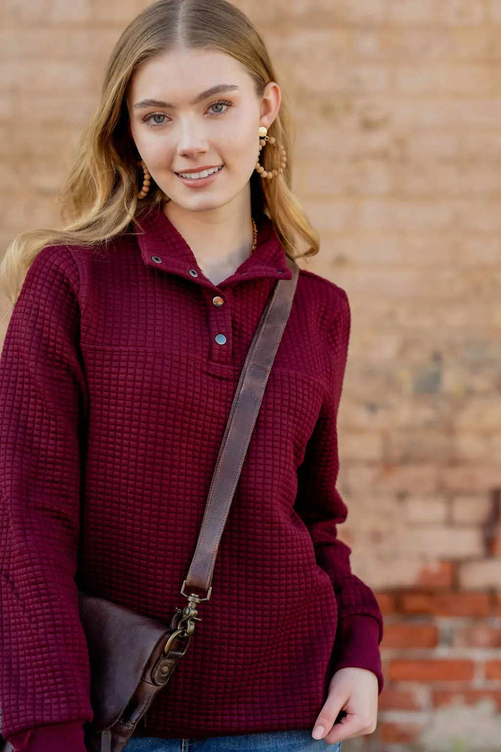 Quilted Button Accent Pullover