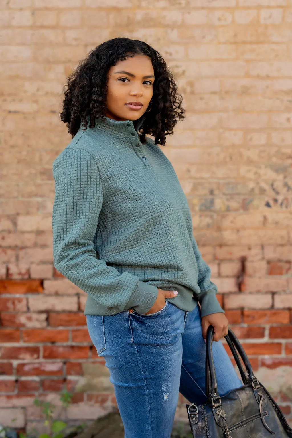 Quilted Button Accent Pullover