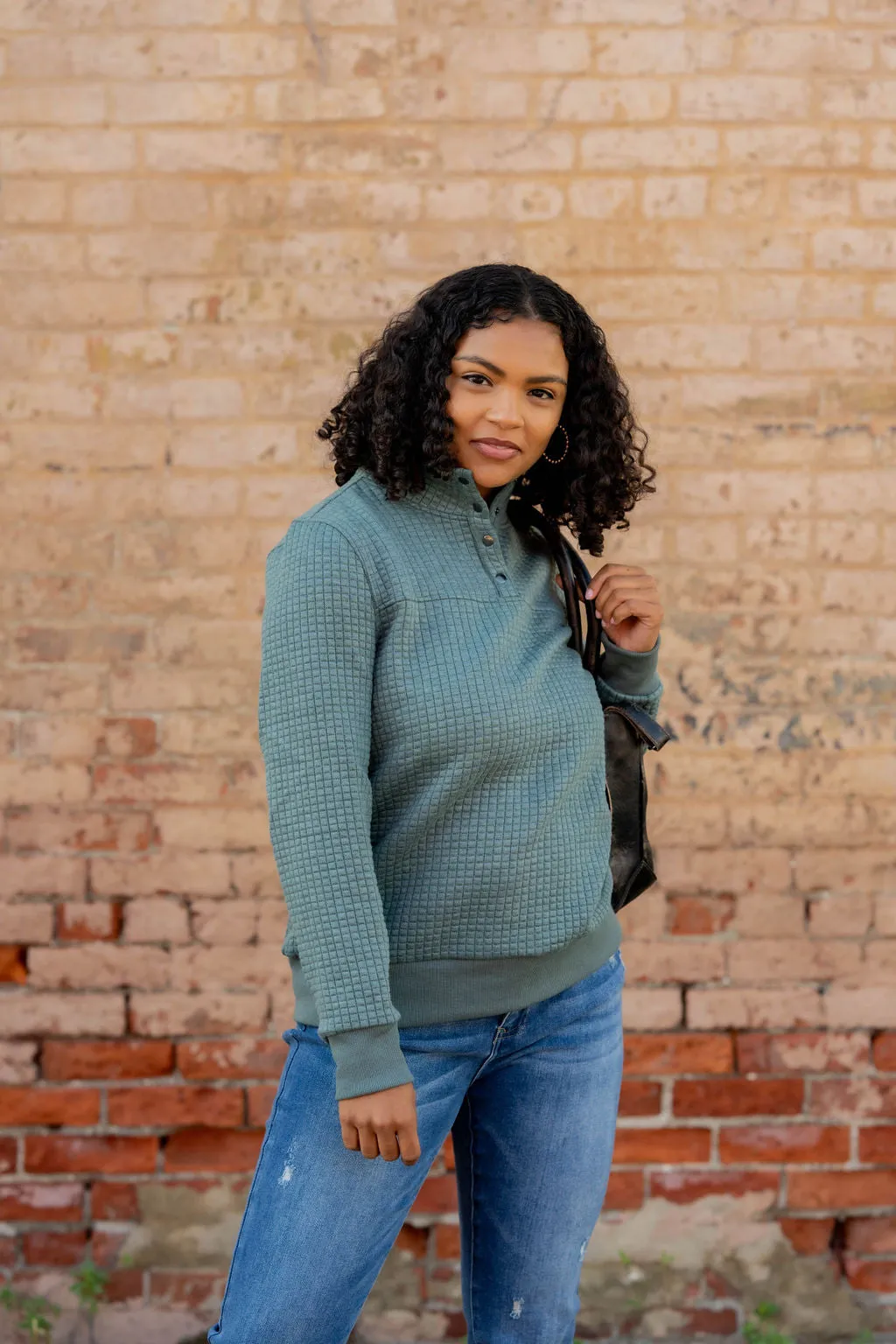 Quilted Button Accent Pullover