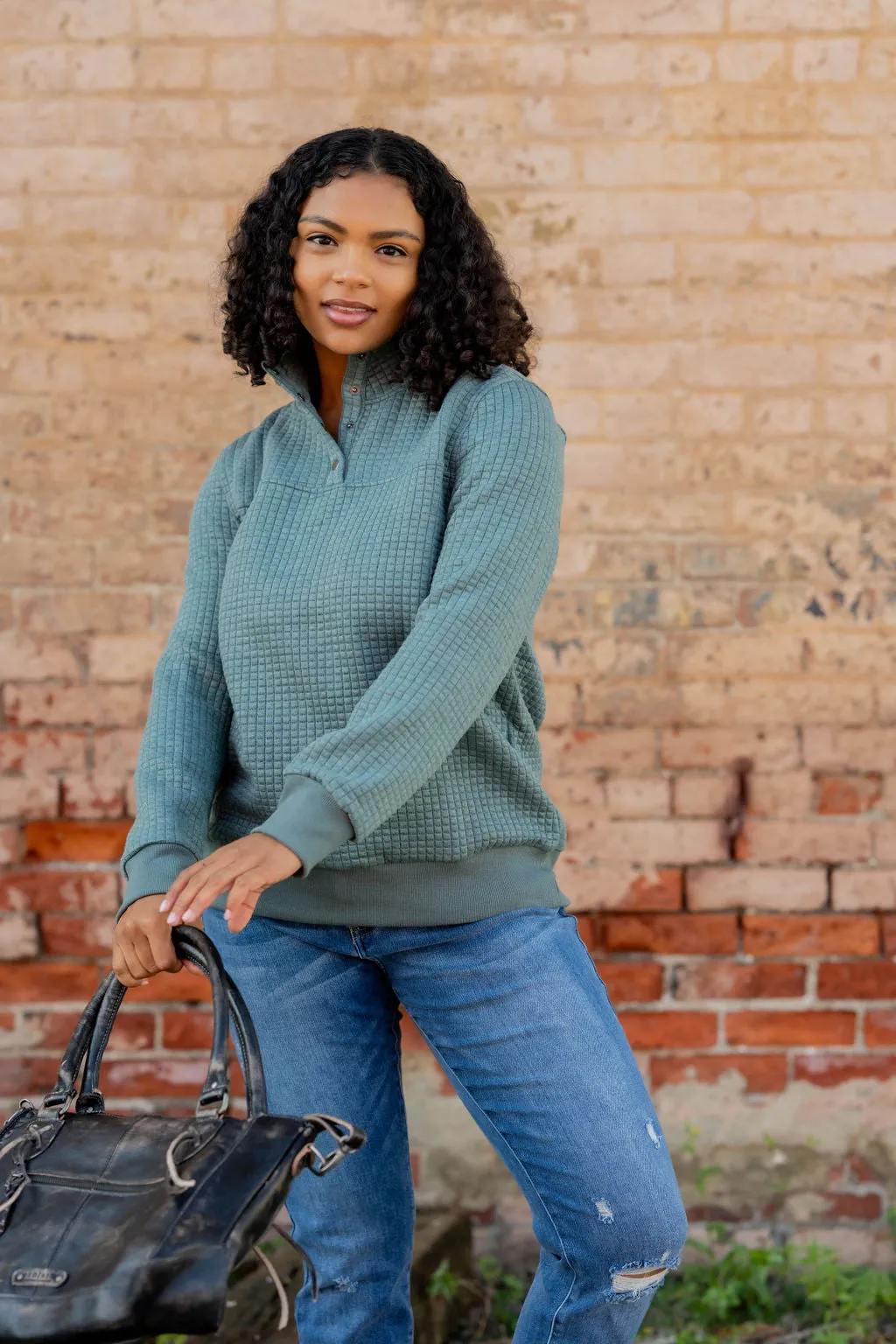 Quilted Button Accent Pullover