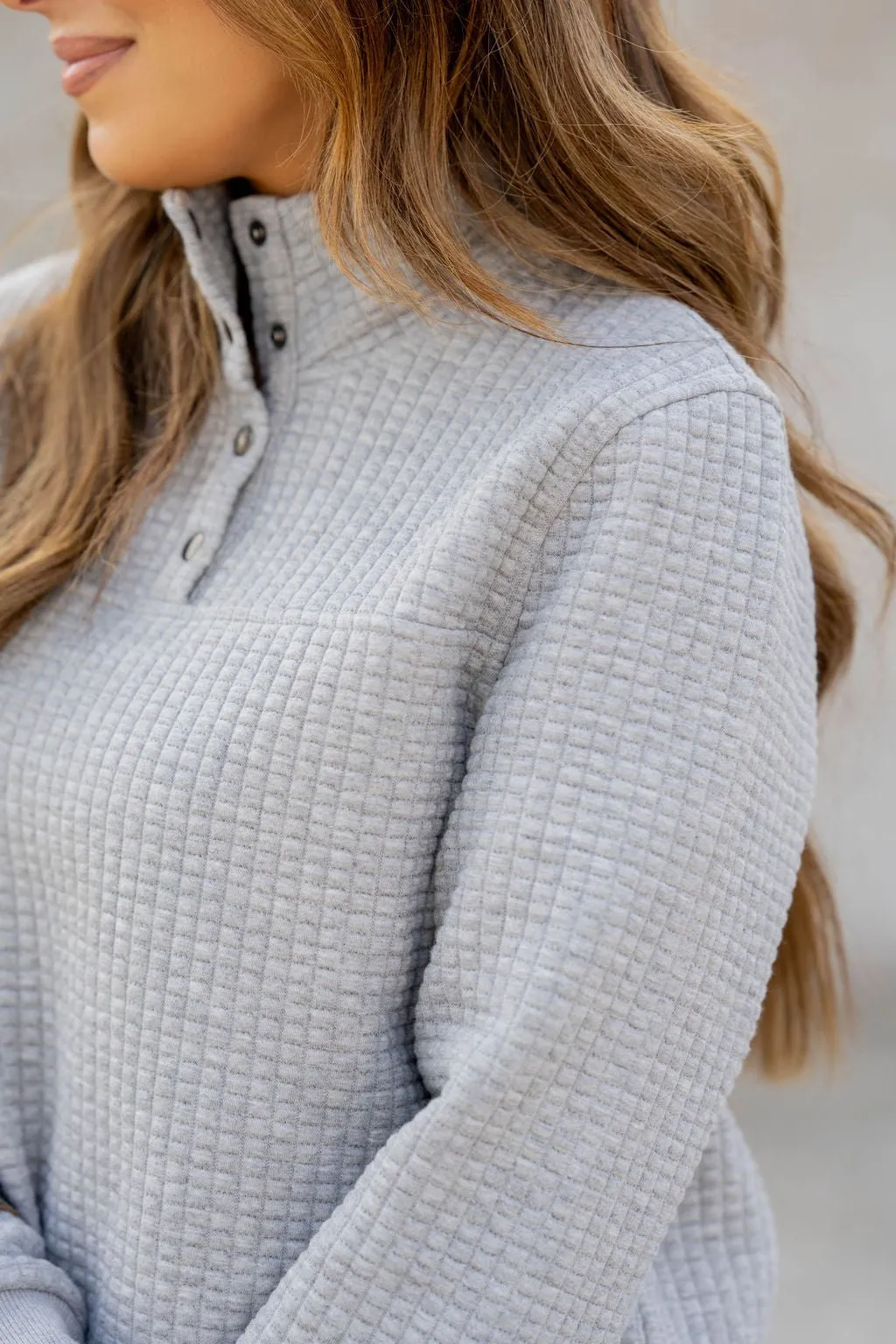 Quilted Button Accent Pullover
