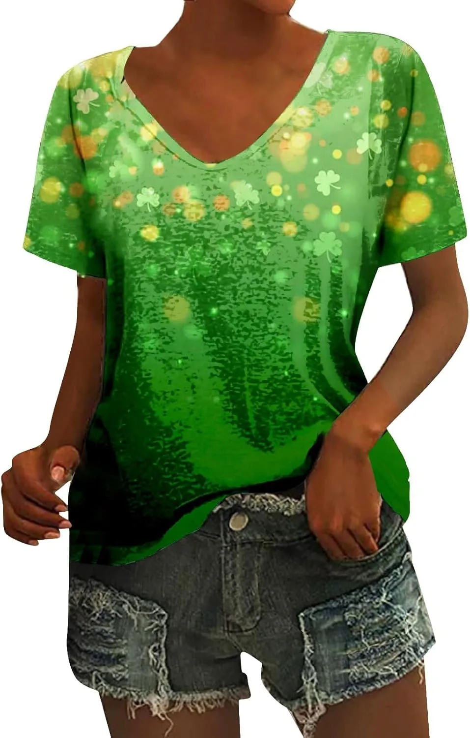 QWENTMTNTY Womens St Patricks Day Shirt V Neck Short Sleeve Sequin Print T-Shirts Casual Festive Irish Flag Shamrock Shirts