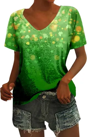 QWENTMTNTY Womens St Patricks Day Shirt V Neck Short Sleeve Sequin Print T-Shirts Casual Festive Irish Flag Shamrock Shirts