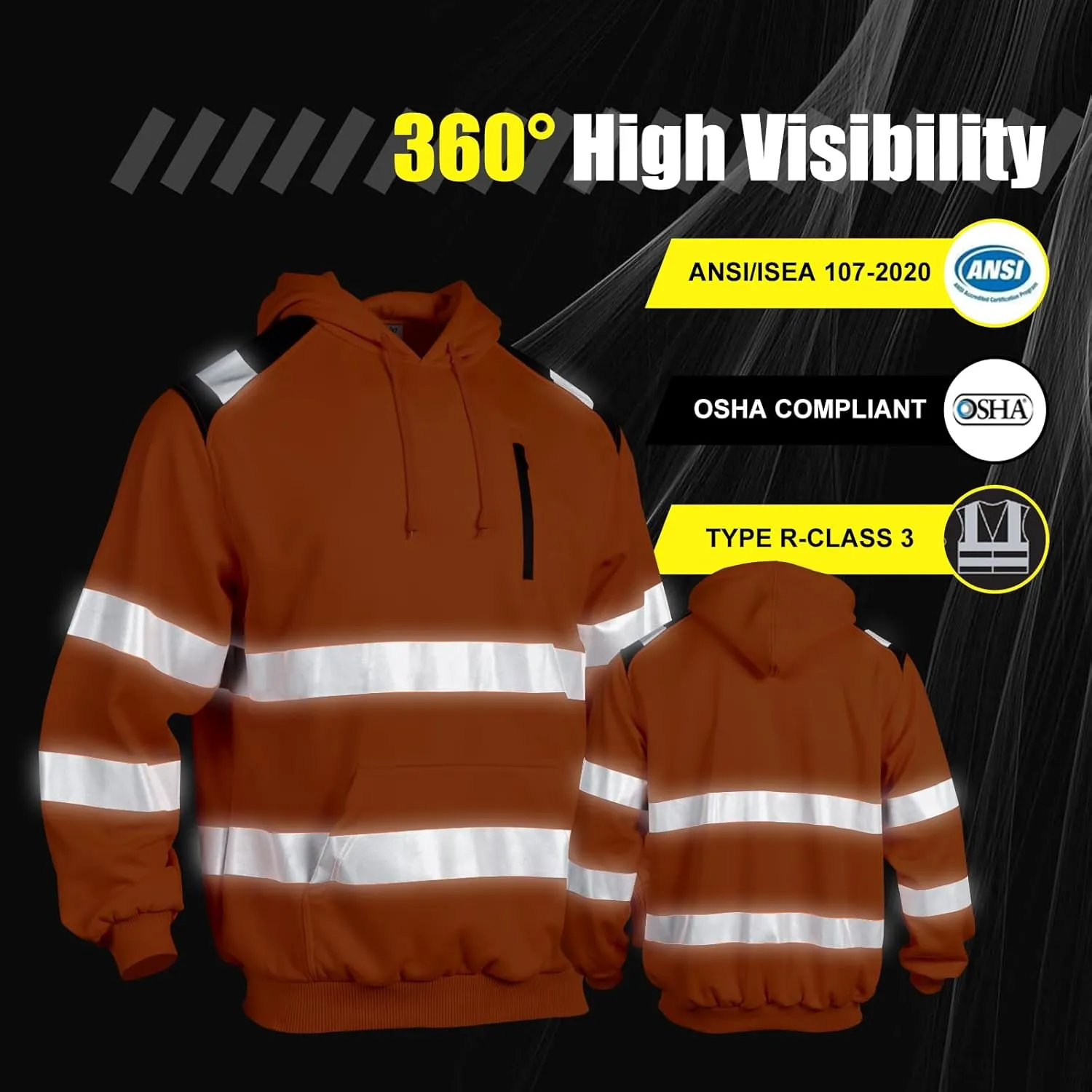 Reflective Hoodie Hi Vis Sweatshirts for Men, Class 3 High Visibility Shirts Long Sleeve Reflective Hoodie for Men